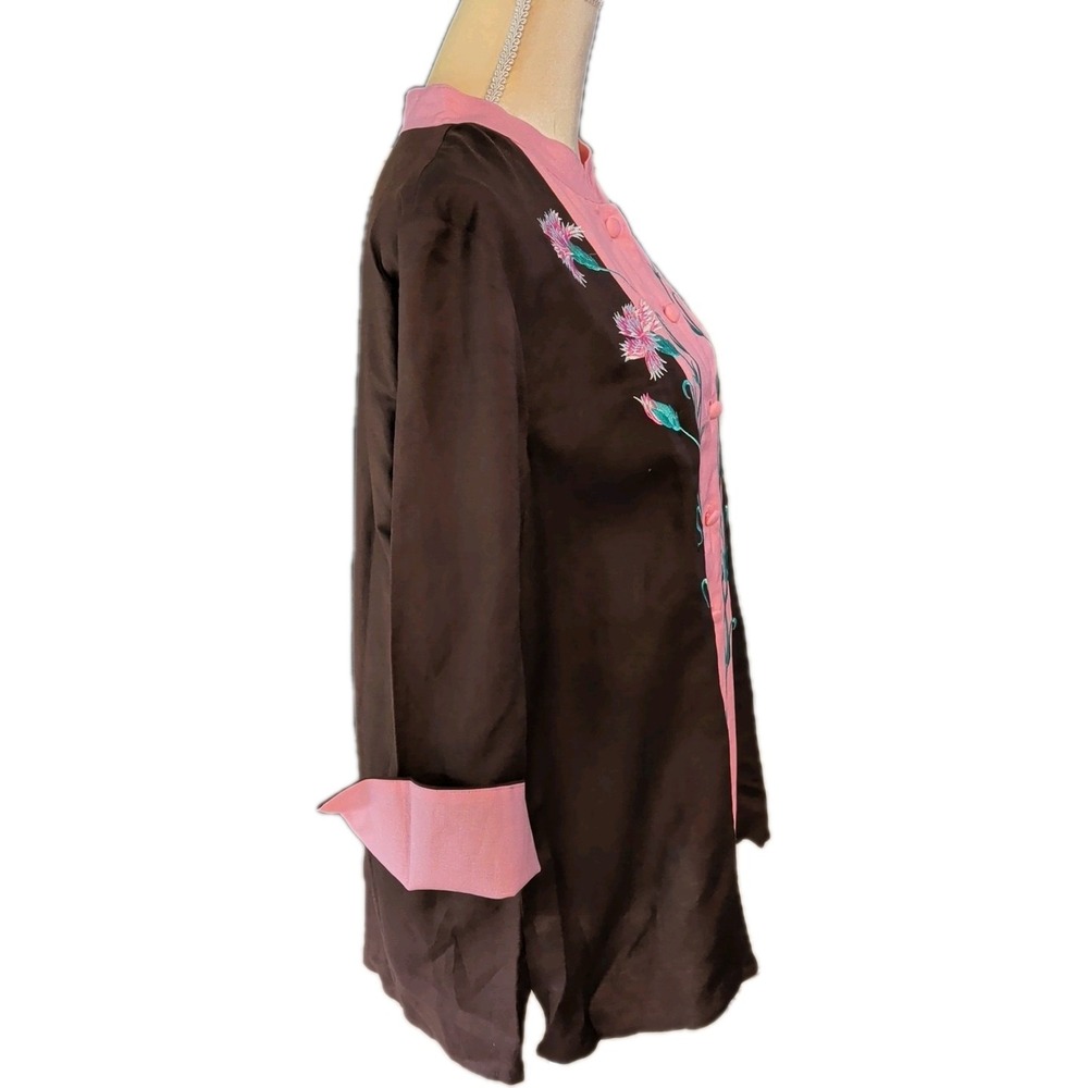 NWT Bob Macke Women's Blouse Size L  Brown Pink Embroidered 3/4 Sleeves Pullover - Picture 4 of 8